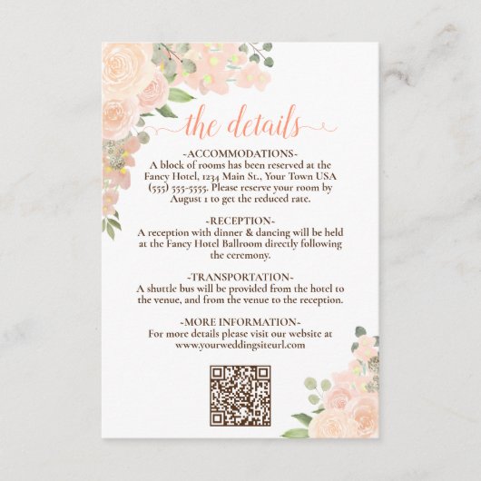 Eleganter Korallenpfirsichblumenzwiebelcode QR-Cod Begleitkarte (Vorderseite)