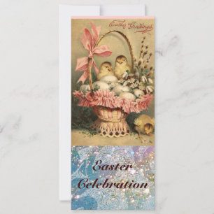 ELEGANTER KORB, HÜHNER, BLUMEN UND OSTEREIER EINLADUNG