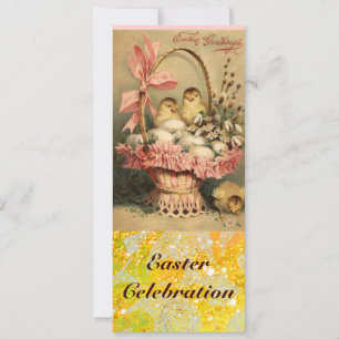 ELEGANTER KORB, HÜHNER, BLUMEN UND OSTEREIER EINLADUNG