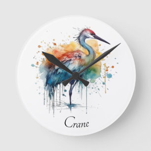 Eleganter Kranich: Aquarellkunst, individuell Runde Wanduhr