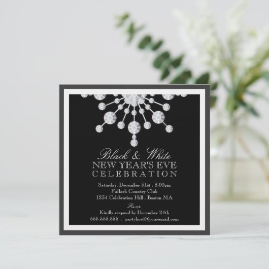 Eleganter Kristallschnee Silvester Schwarz & Weiß Einladung (Stehend Vorderseite)