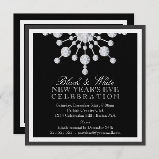 Eleganter Kristallschnee Silvester Schwarz & Weiß Einladung (Vorne/Hinten)