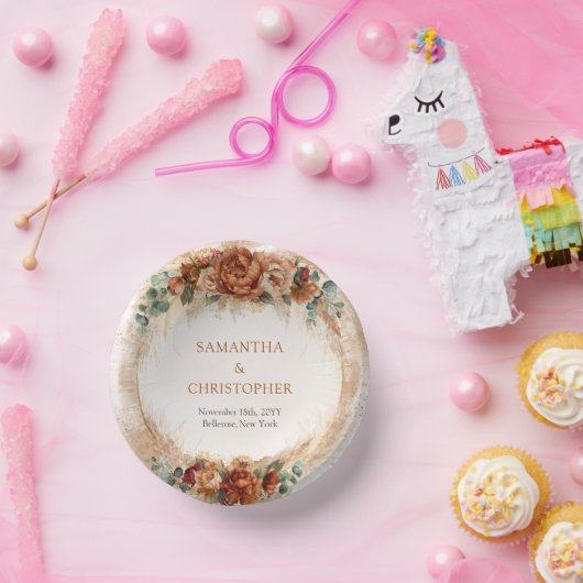 Eleganter Kupfer- und Bordeaux-Blume Pappteller (Party)