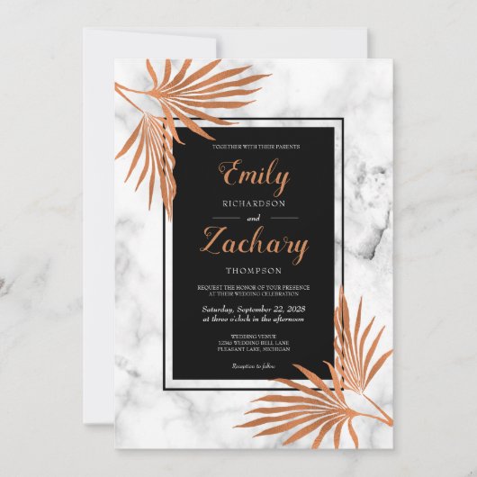 Eleganter Kupfermarmor Schwarz-weiße tropische Hoc Einladung (Vorderseite)