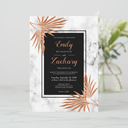 Eleganter Kupfermarmor Schwarz-weiße tropische Hoc Einladung (Stehend Vorderseite)