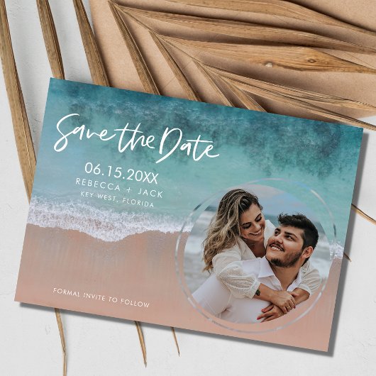 Eleganter Küstenstrand Hochzeit Save the Date