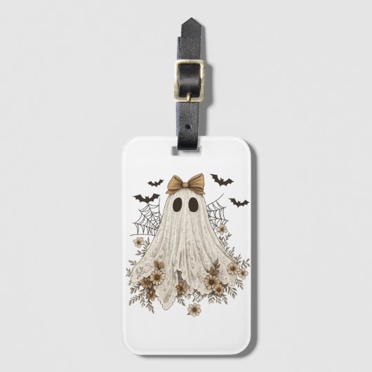 Eleganter Lace Ghost mit Bow | Floral Ghost Gepäckanhänger (Vorderseite Vertikal)