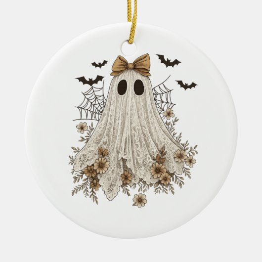 Eleganter Lace Ghost mit Bow | Floral Ghost Keramik Ornament (Vorne)