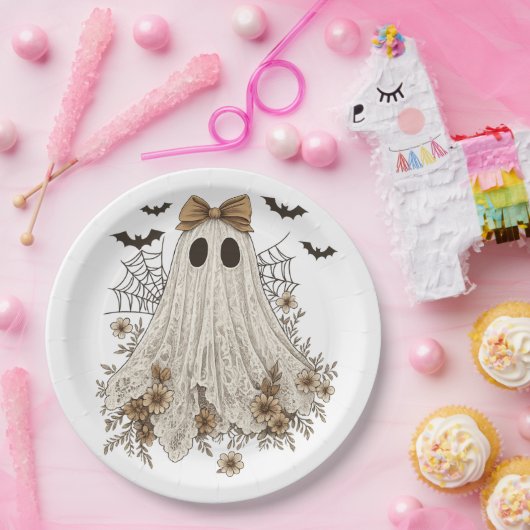 Eleganter Lace Ghost mit Bow | Floral Ghost Pappteller (Party)