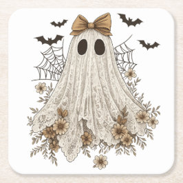 Eleganter Lace Ghost mit Bow | Floral Ghost Rechteckiger Pappuntersetzer