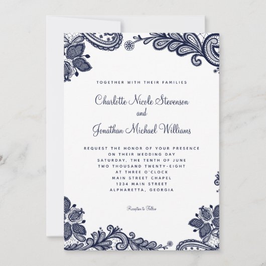 Eleganter Lace Wedding Custom Foto Blue White Chic Einladung (Vorderseite)