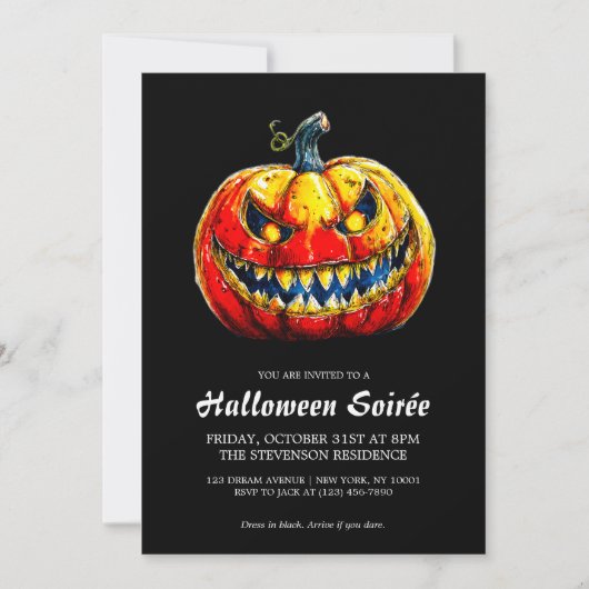 Eleganter lächelnder Kürbis, feurige Halloween-Soi Einladung (Vorderseite)