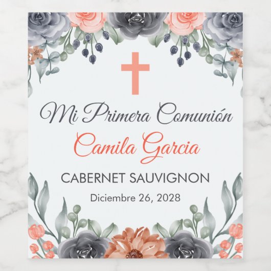 Eleganter lachsfarbener Erste Kommune auf Spanisch Weinetikett (Einzelnes Label)