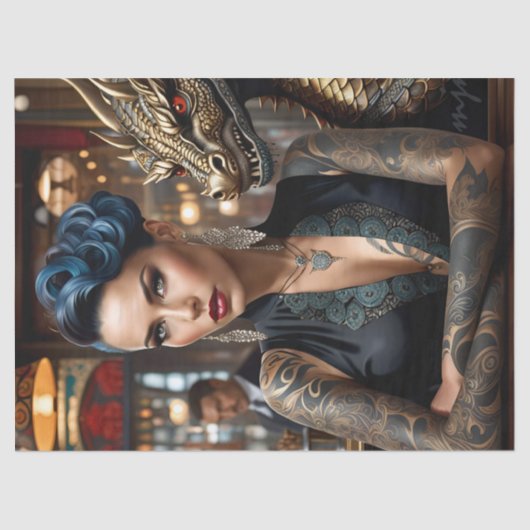 Eleganter Lady Boss mit Tattoo und Dragon Decoupag Seidenpapier (Vorderseite)