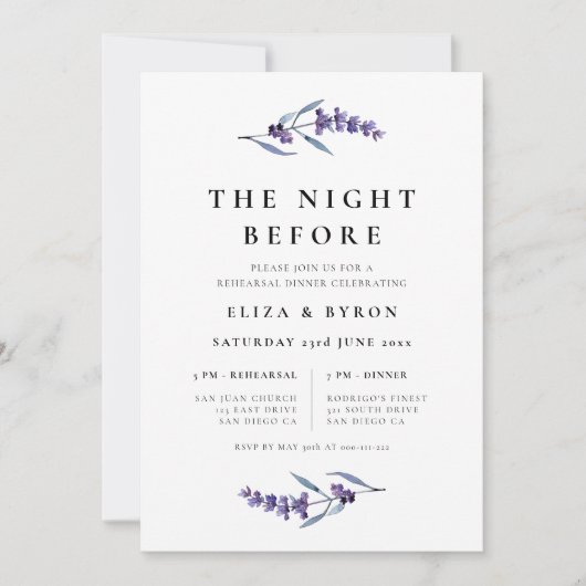 Eleganter Lavendel Abendessen vor der Probe Einladung (Vorderseite)