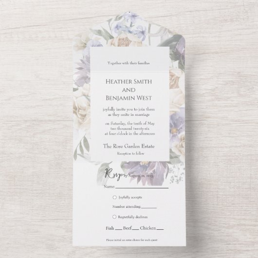 Eleganter Lavendel, Elfenbeinblume & Blauer Blüten All In One Einladung (Innen)