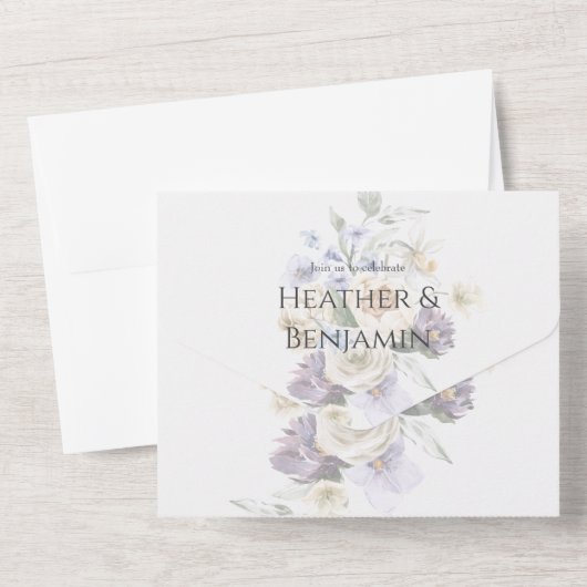 Eleganter Lavendel, Elfenbeinblume & Blauer Blüten All In One Einladung (Rückseite)