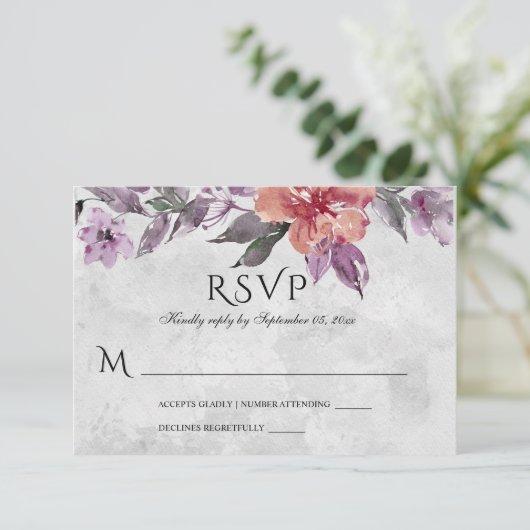 Eleganter Lavendel Lila Peach Floral Wasserfarbe RSVP Karte (Stehend Vorderseite)