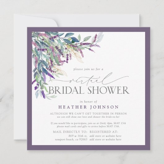 Eleganter Lavendel Wasserfarbendusche Einladung (Vorderseite)