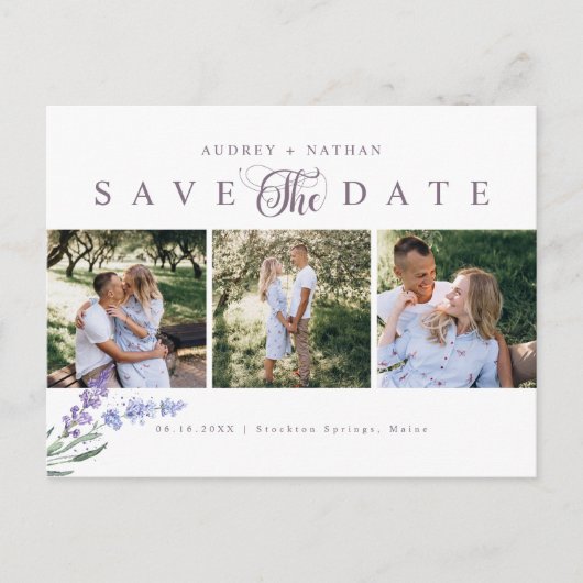 Eleganter Lavender 3 Fotos Save the Date Ankündigungspostkarte (Vorderseite)