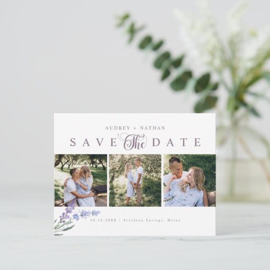 Eleganter Lavender 3 Fotos Save the Date Ankündigungspostkarte (Stehend Vorderseite)