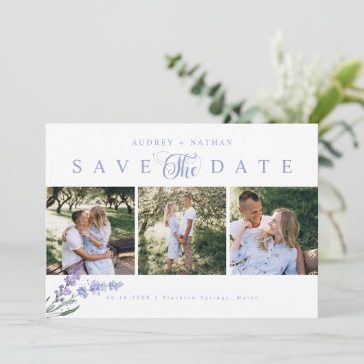 Eleganter Lavender Blume 3 Foto QR Code Save The Date (Stehend Vorderseite)