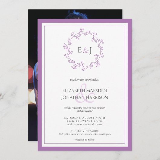 Eleganter Lavender Foto Monogram Wreath Einladung (Vorne/Hinten)