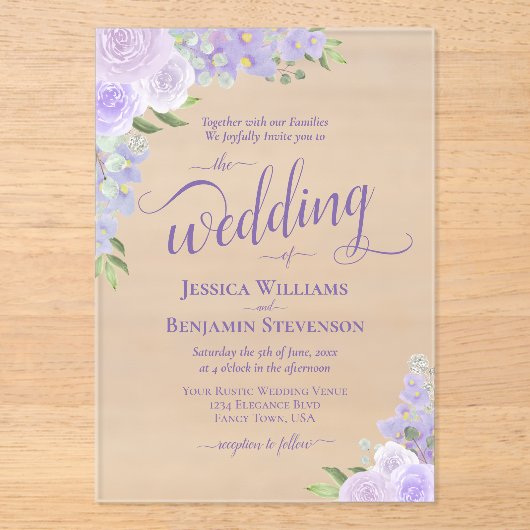 Eleganter Lavender Lila Boho Rose Extravagant Hoch Acryleinladungen (Vorderseite)