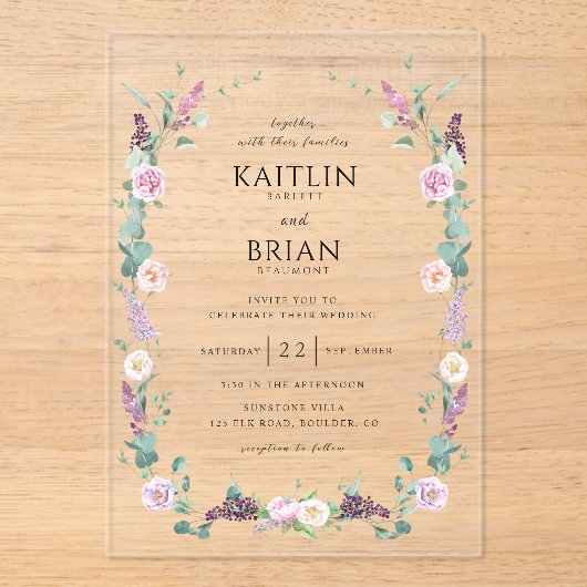 Eleganter Lavender Lila, Pastel Floral Wedding Acryleinladungen (Vorderseite)