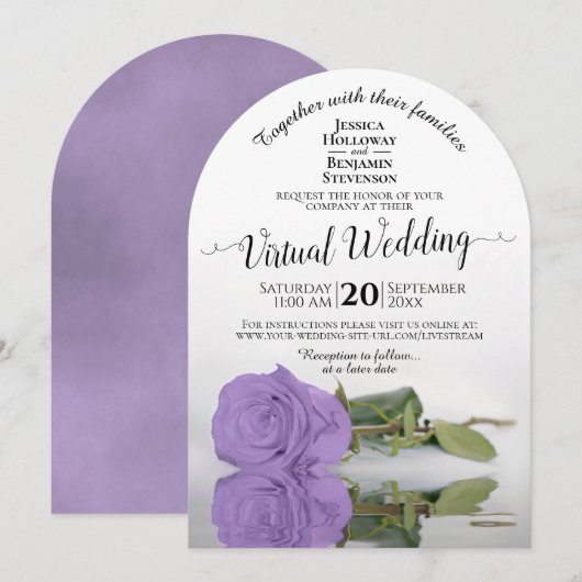 Eleganter Lavender Lila Rose Virtual Wedding Einladung (Vorne/Hinten)