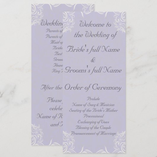 Eleganter Lavender mit White Wirbel Wedding Programm (Vorne/Hinten)