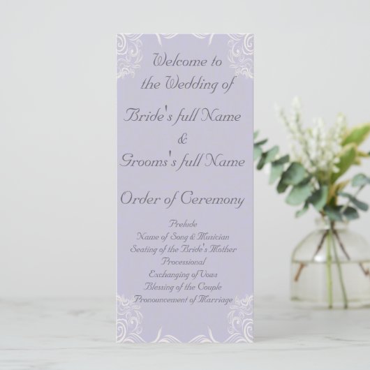 Eleganter Lavender mit White Wirbel Wedding Programm (Stehend Vorderseite)
