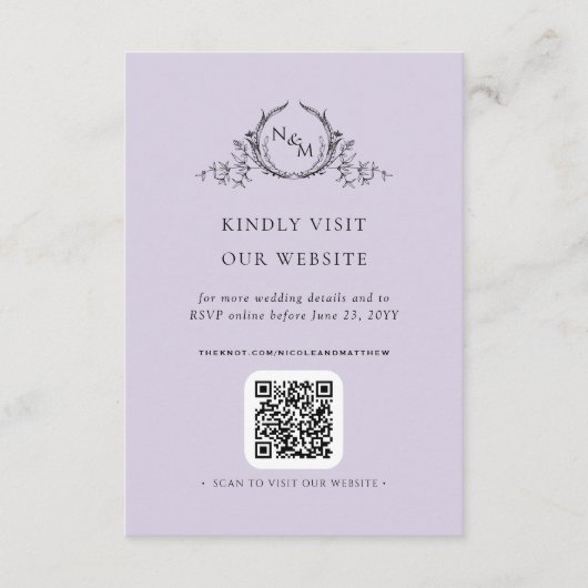 Eleganter Lavender Monogram QR Code / UAWG Online Begleitkarte (Vorderseite)
