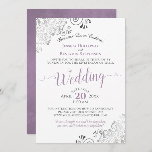Eleganter Lavender on White Wedding Livestream Einladung (Vorne/Hinten)