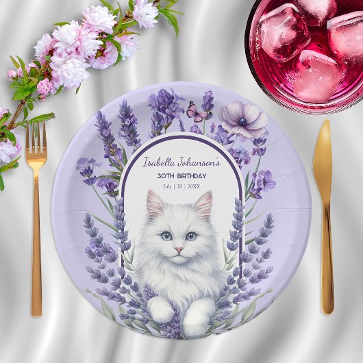 Eleganter Lavender und Katze zum Geburtstag Pappteller