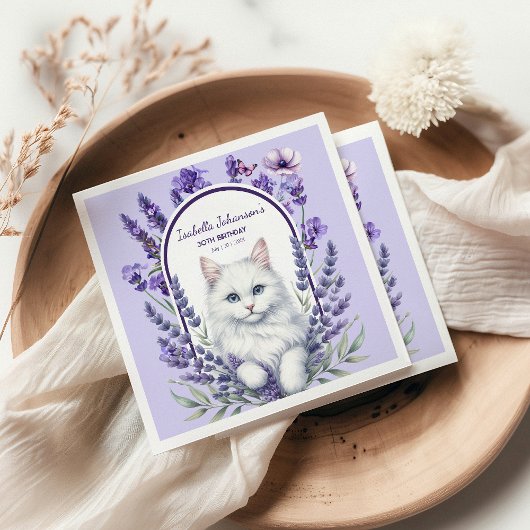 Eleganter Lavender und Katze zum Geburtstag Serviette