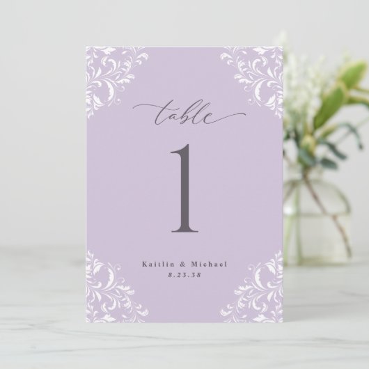 Eleganter Lavender Wedding Tischnummern Cards 12x1 (Stehend Vorderseite)
