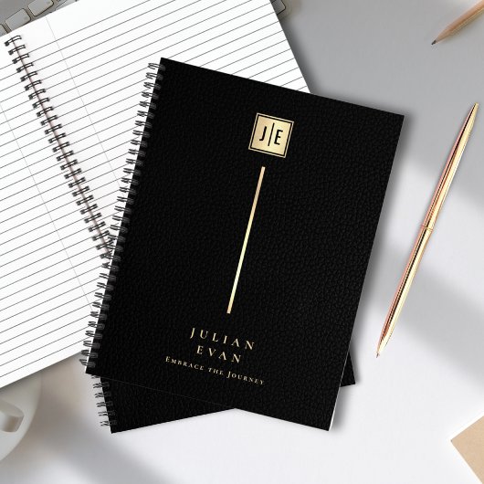 Eleganter Leder Print Black & Gold Monogram Spiral Notizblock