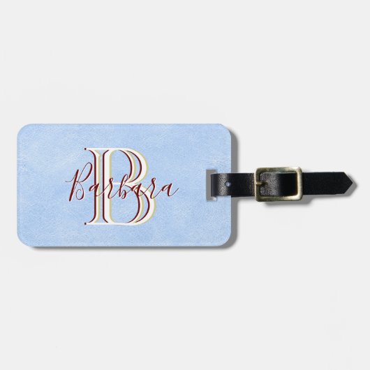 Eleganter Lederlook Blue Monogram Name Gepäckanhänger (Vorderseite horizontal)