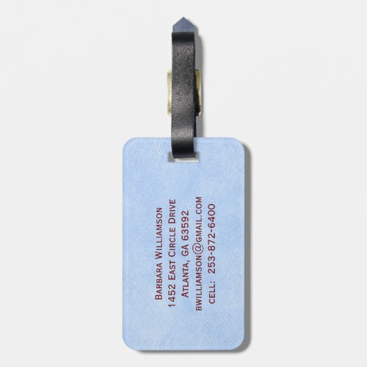 Eleganter Lederlook Blue Monogram Name Gepäckanhänger (Rückseite vertikal)