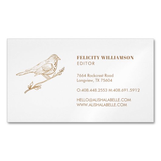 Eleganter leichter Cream & Gold Perched Bird Magnetische Visitenkarte (Vorderseite)