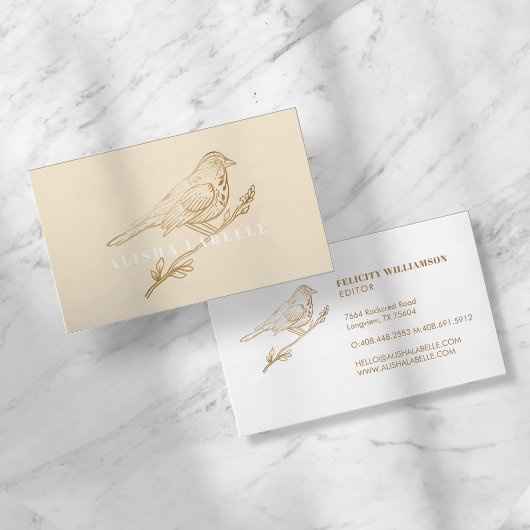 Eleganter leichter Cream & Gold Perched Bird Visitenkarte