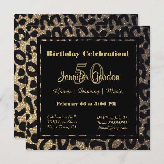 Eleganter Leopard Print Glitzer Einladung (Vorne/Hinten)