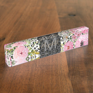 Eleganter Leoparddruck und -Blumenmuster Namensplakette
