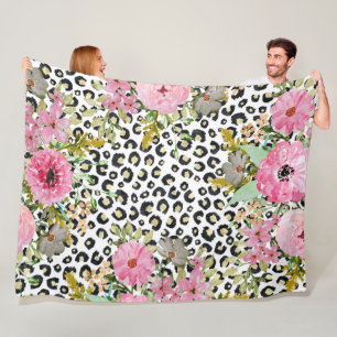 Eleganter Leopardenprint und Blumendesign Fleecedecke