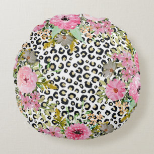 Eleganter Leopardenprint und Blumendesign Rundes Kissen