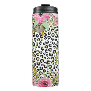 Eleganter Leopardenprint und Blumendesign Thermosbecher