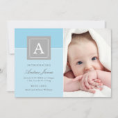 Eleganter Letter Block Baby Boy Blue Foto Birth Ankündigung (Vorderseite)