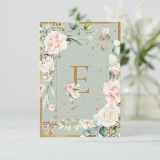 Eleganter Letter E Monogram Aquarell Floral Rose Dankeskarte (Stehend Vorderseite)