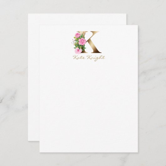Eleganter Letter K Pink Roses Gold Monogram Mitteilungskarte (Vorne/Hinten)